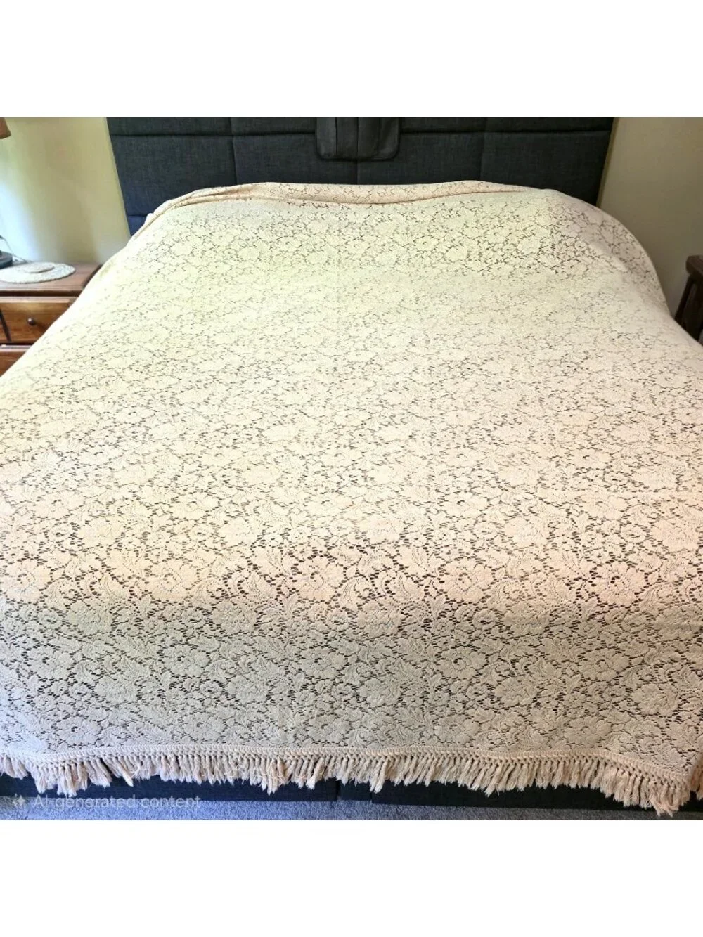 Vintage Crochet Lace Coverlet Fringe Bedspread KING Ecru Beige 112 x 130 Cottage